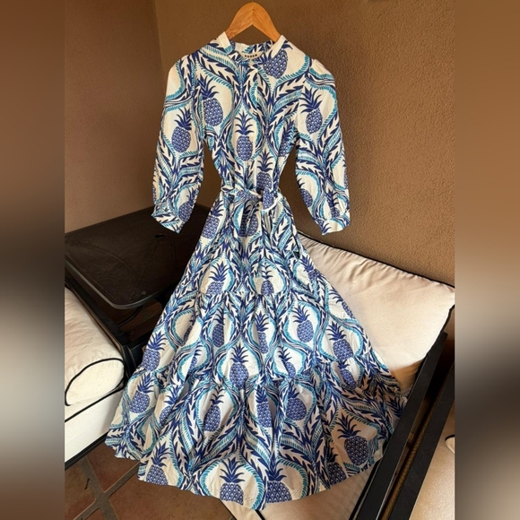 NWT Boden Alba Long Sleeve Tiered Maxi Dress Pineapple Wave 100% Cotton - Picture 2 of 5